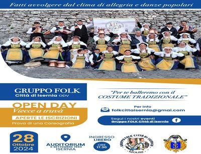 Open Day all’Auditorium Isernia. Il Gruppo Folk Città di Isernia vuol aumentare l’organico degli artisti (foto e video). Il prossimo 28 ottobre dalle ore 17.30 .  