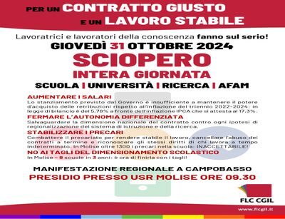 Giovedì 31 ottobre  è sciopero dei settori della conoscenza: le iniziative in Molise